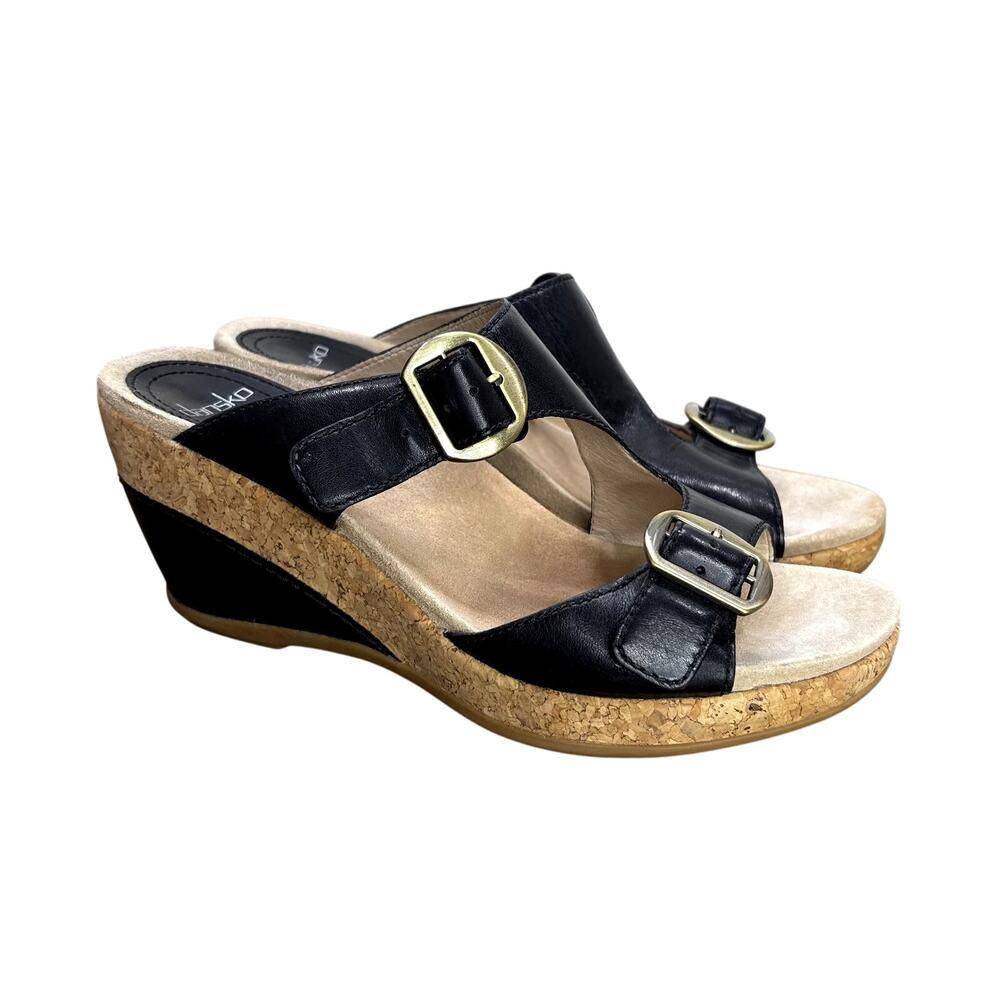 Dansko Size EU 39 US 9 Carla Sandals Black Leather Cork Wedge Heel Buckle Detail